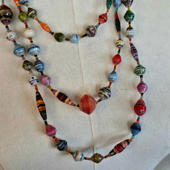 None Jewelry - Bohemian Paper Beaded double triple strand long colorful necklace